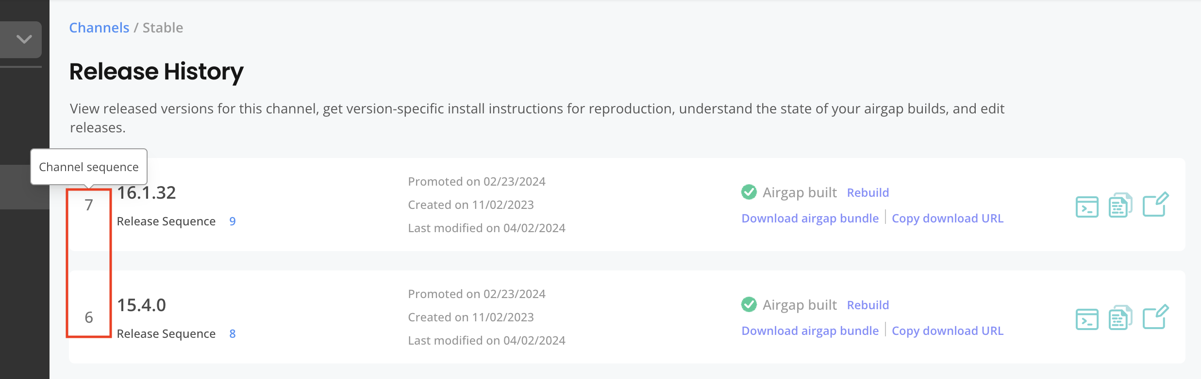 Channel sequence on Release History page